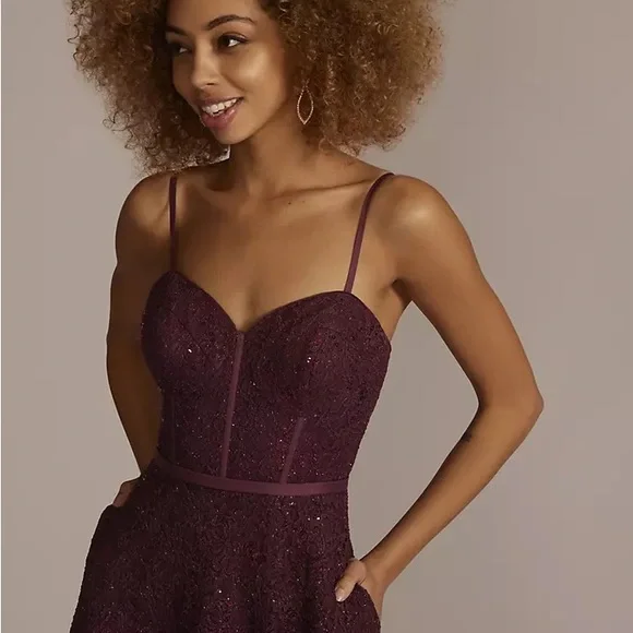 NEW David’s Bridal Jules and Cleo Sparkle Lace Dress with Corset Bodice Wine Red - Picture 2 of 12